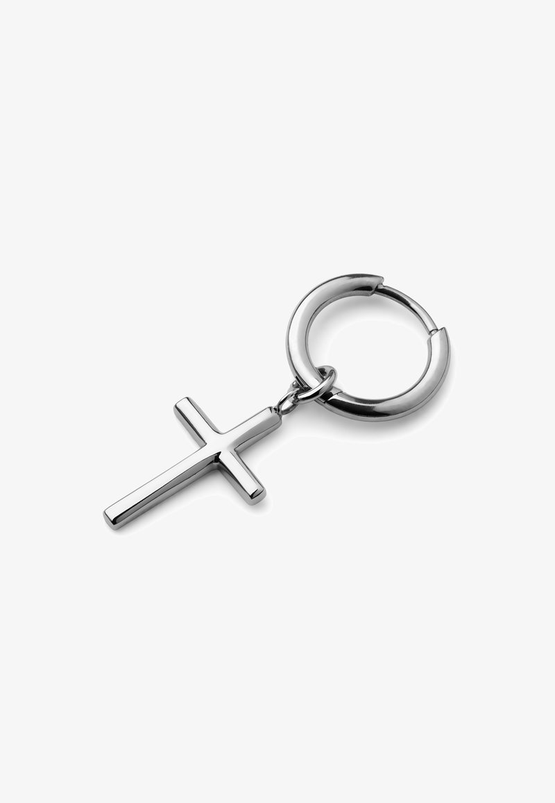 Nyckelring i silverfärg med en slank, polerad korsberlock fäst vid en cirkulär ring. Designen är minimalistisk med släta ytor.