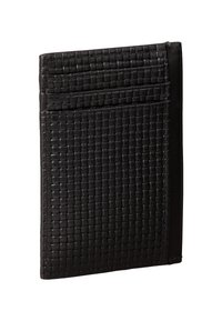 Czarny portfel wykonany z materiału plecionego, wyposażony w kieszenie na karty i gładkie krawędzie. Kompaktowy, prostokątny kształt. Teksturowana powierzchnia z subtelnym połyskiem.
