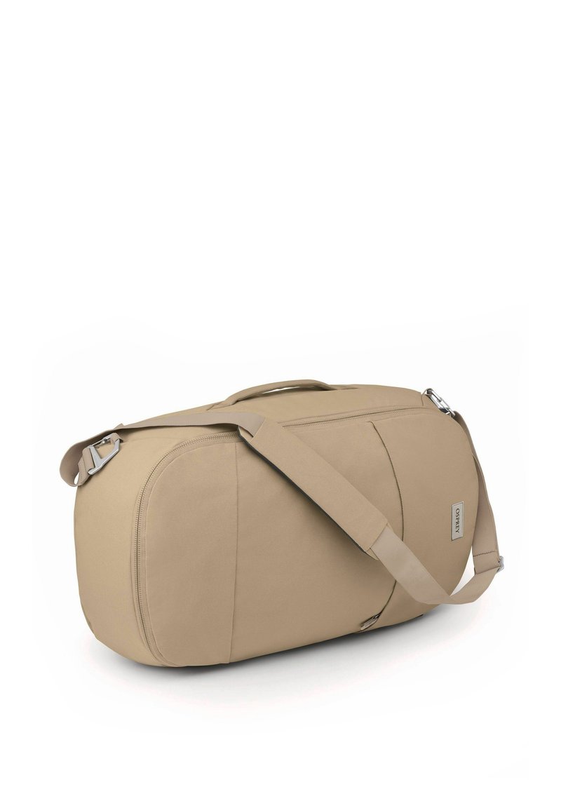 Khaki Duffelbag aus glattem Stoff, mit geschwungener Form, doppelten Griffen und abnehmbarem Schultergurt. Mit Reißverschlussverschluss und Seitentasche.