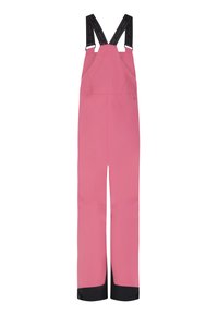 Roze waterdichte overall met verstelbare zwarte banden, brede benen en zwarte manchetten bij de enkels. Gladde textuur en minimalistisch ontwerp.