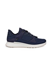 Dark blue athletic sneaker with mesh and fabric upper, white sole, and quick-pull lacing system, side view on white background.