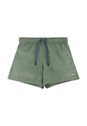 Pantalones cortos con cintura elástica verde y cordón azul marino y blanco, confeccionados con tela suave, con una pequeña etiqueta de la marca en el lado inferior derecho.