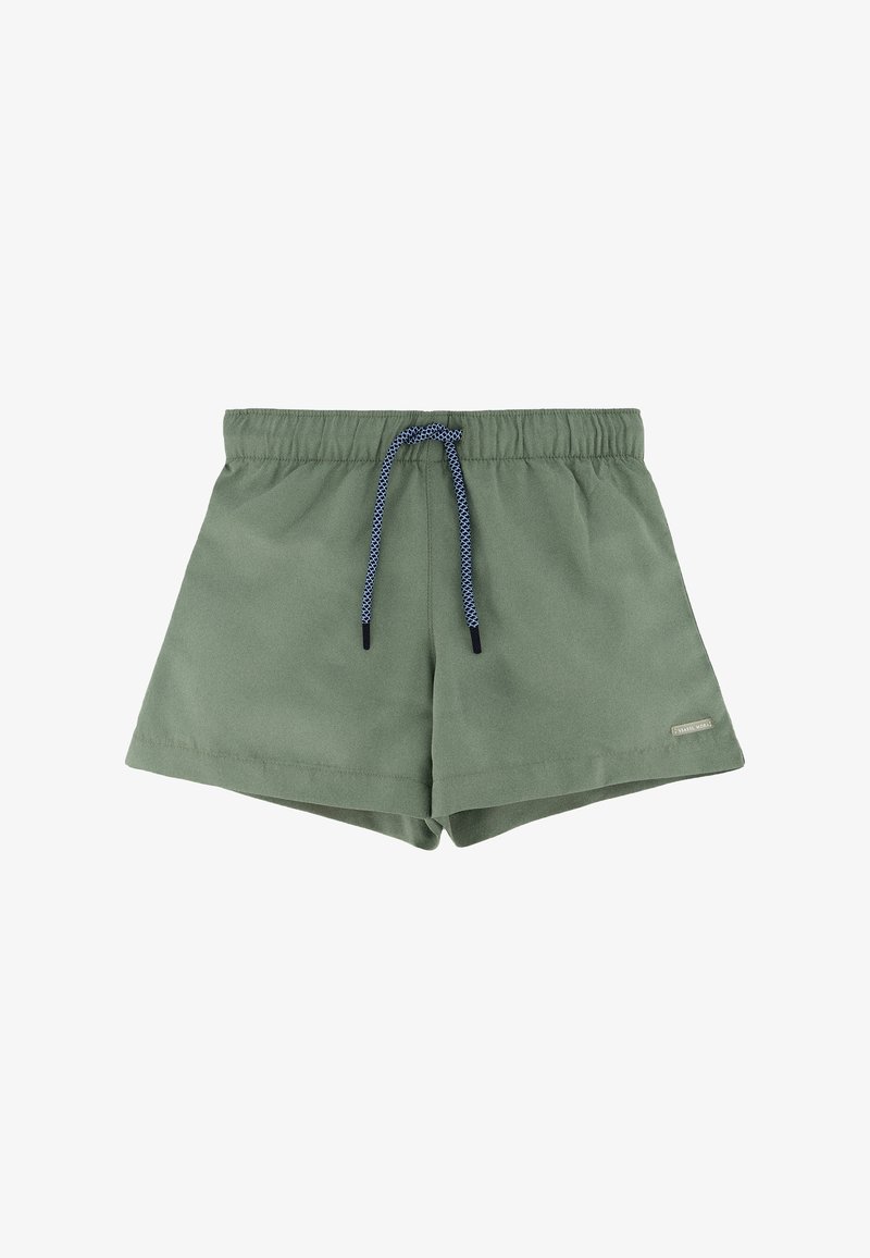 Pantalones cortos con cintura elástica verde y cordón azul marino y blanco, confeccionados con tela suave, con una pequeña etiqueta de la marca en el lado inferior derecho.