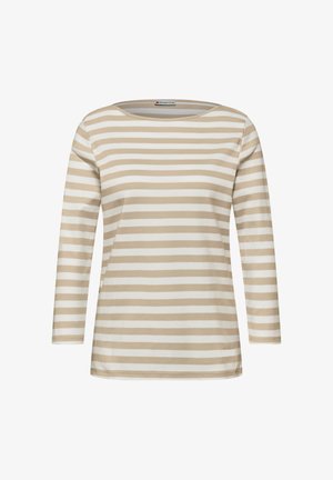 Beżowo-biały, poziomo paskowany, długorękawowy sweter z okrągłym dekoltem, przedstawiony na jednolitym tle.