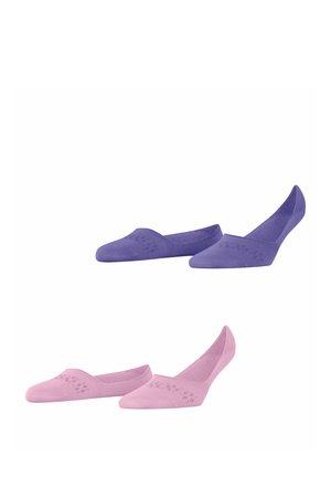 Two pairs of no-show socks, one purple and one pink, with a subtle diamond pattern, displayed against a white background.