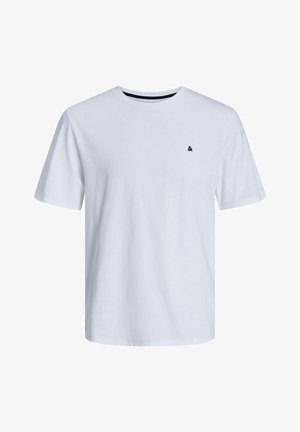 Valkoinen puuvillapaita lyhyillä hihoilla, pyöreä kaula-aukko ja pieni musta logo vasemmassa rintakehässä.