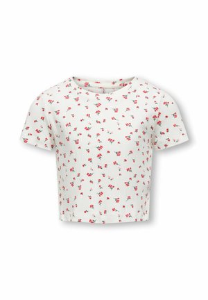 White short-sleeve crop top in ribbed fabric with a floral pattern featuring small red and green flowers, round neckline, and relaxed fit.