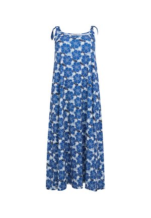 Robe maxi sans manches à fleurs bleues et blanches avec bretelles réglables à nouer sur les épaules et coupe ample et fluide.