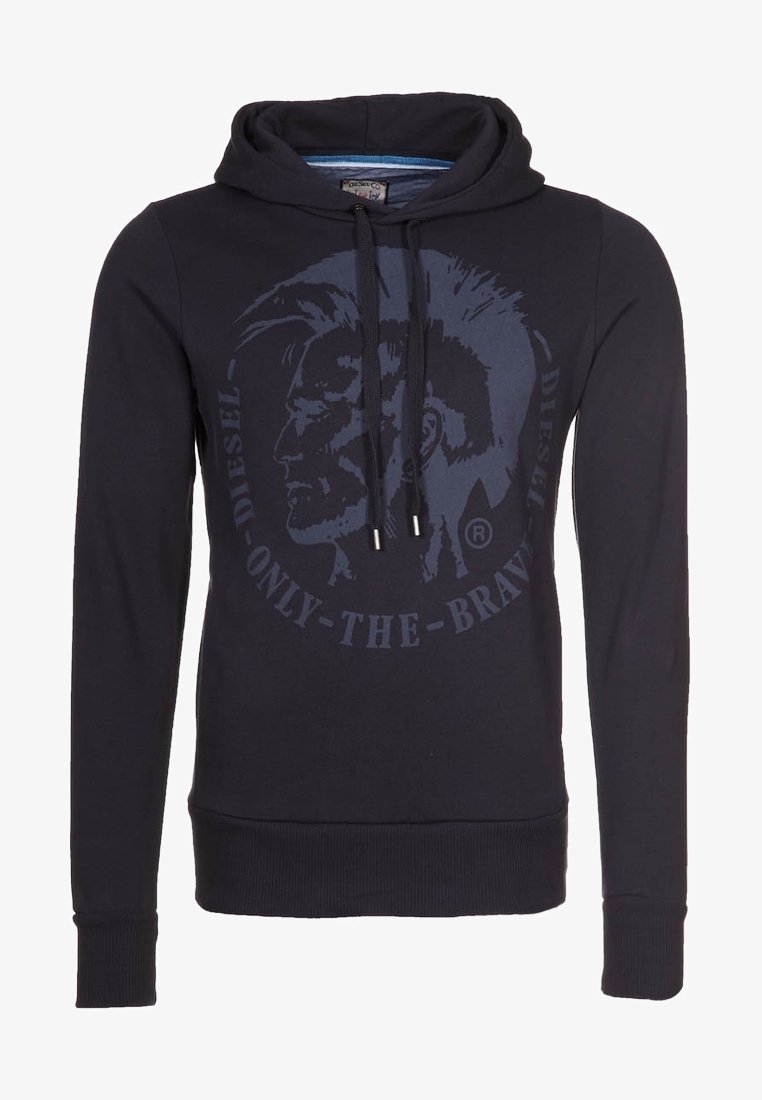 Sweat à capuche noir avec cordons, comportant un grand graphisme délavé d'un profil de visage de côté et les mots "Diesel Only The Brave."