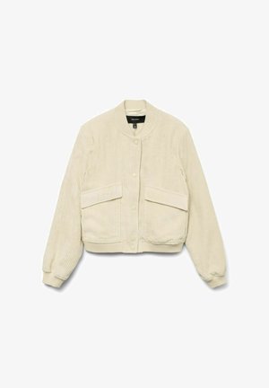 Cream corduroy bomber jacket with long sleeves, ribbed cuffs, and two front pockets. Features a round collar and button closure.