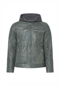 Giacca in pelle verde con cappuccio grigio, dotata di tasche con zip, spalle strutturate e dettagli a coste lungo le maniche.