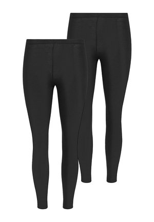 To par ensfarvede sorte leggings i fuld længde med høj talje, vist forfra og overlappende.