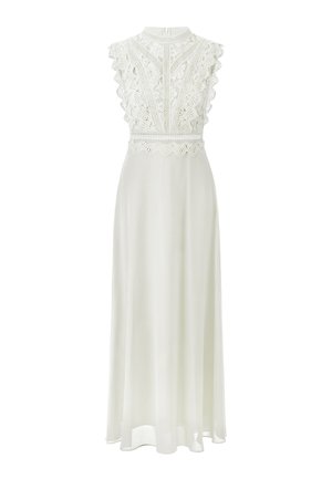 White maxi dress with a high neck, lace detailing, scalloped sleeves, and flowing skirt. Soft fabric provides a lightweight texture.