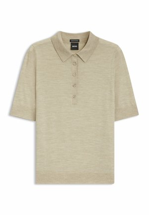 Beige short-sleeve polo shirt made of soft fabric, featuring a classic collar, five-button placket, and ribbed cuffs.