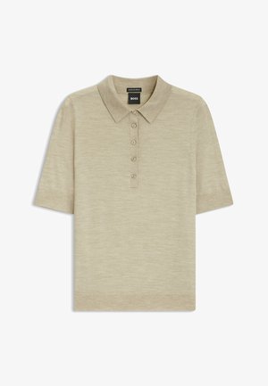Beige Polo-Shirt mit kurzen Ärmeln aus weichem Stoff, mit klassischem Kragen, einer fünfknöpfigen Knopfleiste und gerippten Bündchen.