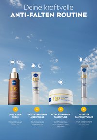 Four NIVEA anti-wrinkle products: a brown serum bottle with a dropper, white cream jar with a yellow accent, and two white tubes.