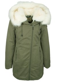 Olivenfarvet parka-jakke med aftagelig hvid faux fur-hette, front lynlås lukning og sidelommer; struktureret stof, mellemlang design.