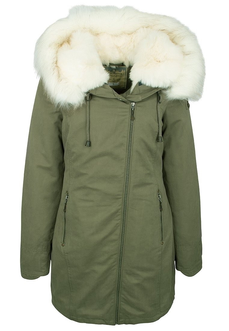 Olivenfarvet parka-jakke med aftagelig hvid faux fur-hette, front lynlås lukning og sidelommer; struktureret stof, mellemlang design.