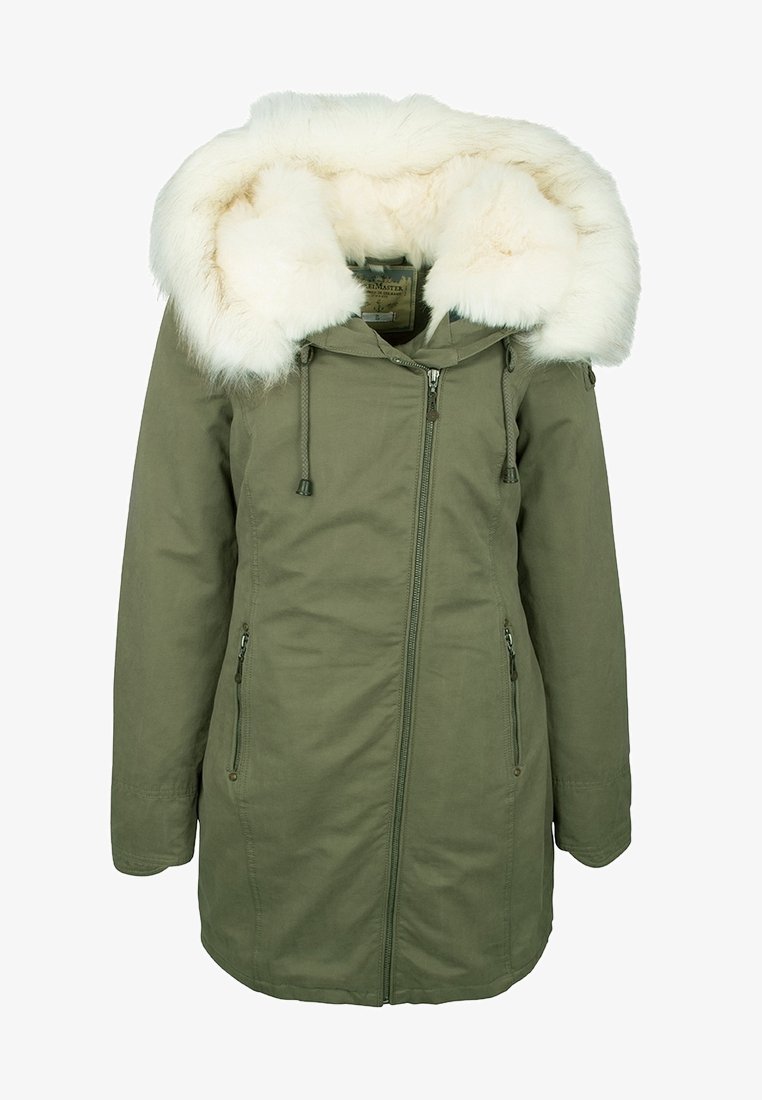 Olivenfarvet parka-jakke med aftagelig hvid faux fur-hette, front lynlås lukning og sidelommer; struktureret stof, mellemlang design.
