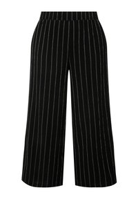 Pantalons larges noirs avec des rayures verticales argentées, taille élastique et texture de tissu lisse, offrant une coupe décontractée.