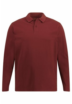 Długi rękaw polo w ciemnoczerwonym kolorze z bawełny, z kołnierzykiem, zapięciem na guziki i swobodnym krojem. Gładka faktura, prosty design.