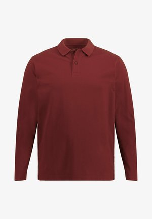 Długi rękaw polo w ciemnoczerwonym kolorze z bawełny, z kołnierzykiem, zapięciem na guziki i swobodnym krojem. Gładka faktura, prosty design.