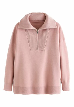 Light pink fleece pullover with a ribbed high collar and half-zip closure. Features a V-shaped ribbed panel and long sleeves. Soft texture.