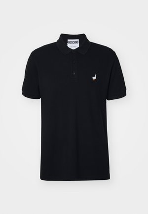 Polo negro en mezcla de algodón con un cuello clásico, que presenta un pequeño logo de pato bordado en blanco en el lado izquierdo del pecho.