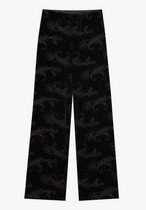 Sorte velour bred-beinede bukser med et snurrende mønster lavet af små metalliske nitter, med en glat tekstur og en taljeelastik.