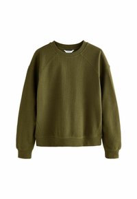 Jednoduchý olivově zelený sweatshirt s kulatým výstřihem, dlouhými rukávy a žebrovanými manžetami, lemem a výstřihem, vystavený na bílém pozadí.
