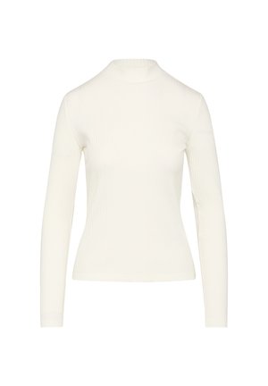 Długi rękaw bluzka w kolorze kremowym, z fakturą ściągacza, wysokim dekoltem i dopasowanym krojem. Wykonana z miękkiego, elastycznego materiału.