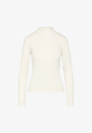 Langärmliges Oberteil in Creme mit geripptem Textur, hohem Kragen und taillierter Silhouette. Hergestellt aus einem weichen, dehnbaren Stoff.