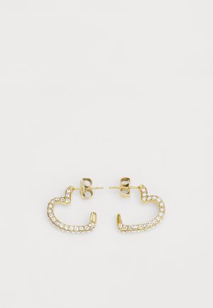 Gold-tone earrings in a curved shape, featuring clear rhinestones along the edge, with post back closures.