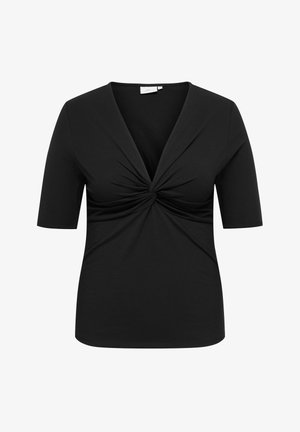 Zwart T-shirt met korte mouwen, diepe V-hals en gedraaide plooidetail bij de borst, aansluitende pasvorm.