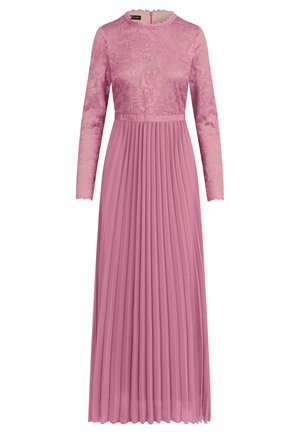 Long mauve dress with lace bodice and sleeves, floral embroidery, and pleated chiffon skirt, featuring a round neckline and back zipper.