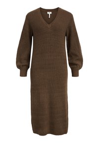 Bruine gebreide sweaterjurk met een geribbelde textuur, V-halslijn en lange puffmouwen. De lengte reikt tot halverwege de kuit voor een getailleerde silhouette.