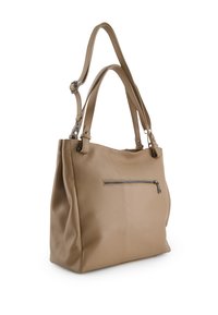Beige leather tote bag with a textured finish, featuring two shoulder straps and a front zip pocket. Rectangular shape and versatile design.
