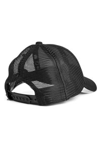 Schwarze Mesh-Snapback-Cap mit strukturiertem Vorderteil und gewölbtem Schirm, ausgestattet mit einem verstellbaren Kunststoffriemen hinten. Strukturierter Mesh-Look.