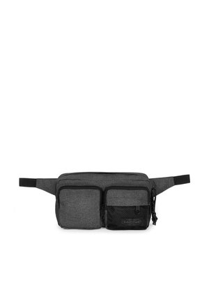 Borsa in tessuto grigio a vita con due tasche con zip e una tasca frontale in rete. Presenta cinturini regolabili e una patch con logo. Design compatto.