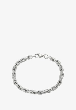 Bracciale in argento con design a maglia texturizzata e attorcigliata, dotato di chiusura a moschettone su sfondo bianco.
