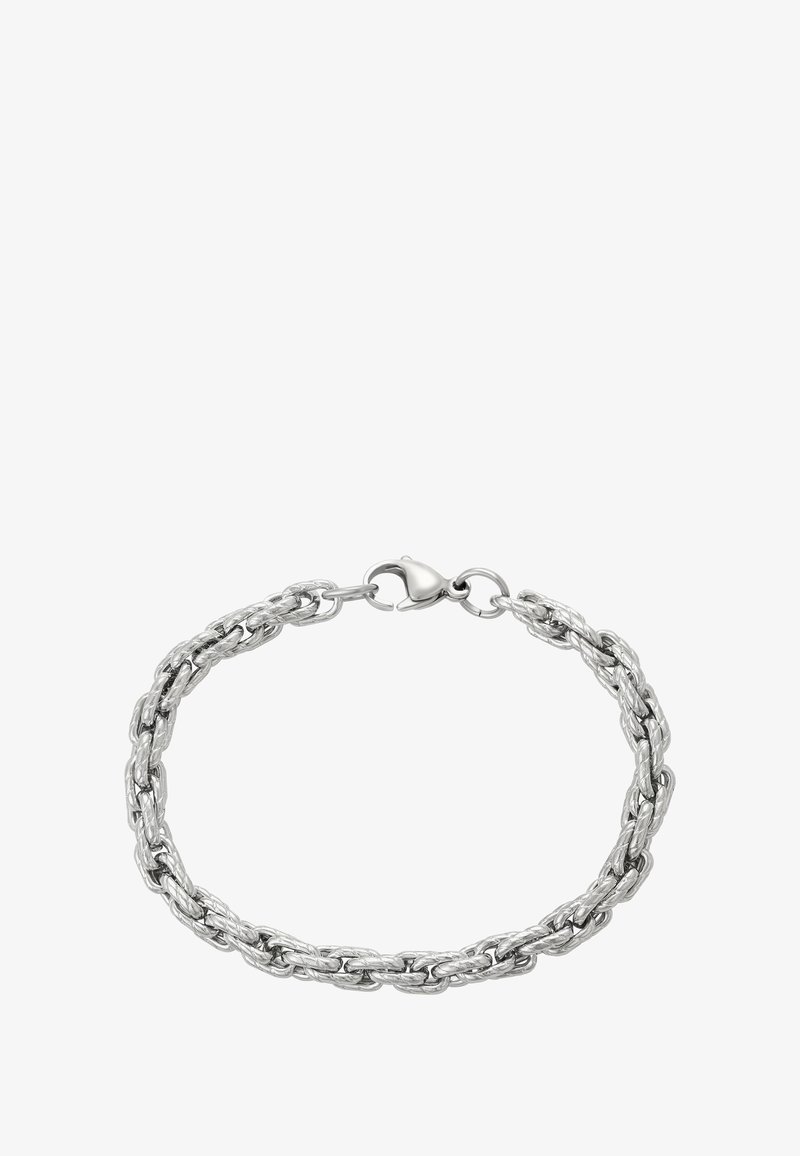 Ezüst lánc karkötő textúrált, csavart linken kialakítva, homár kapocs záródással, fehér háttéren.