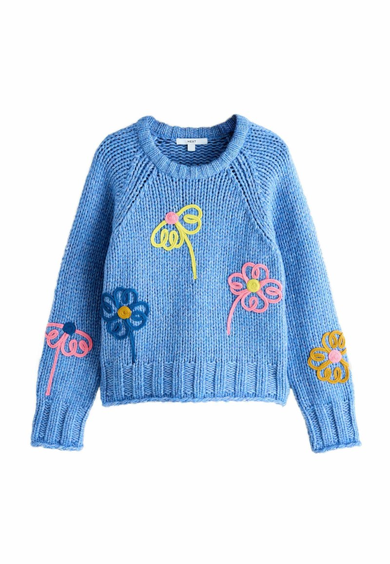 Lichtblauwe gebreide trui met een ronde halslijn, versierd met kleurrijke geborduurde bloemen in roze, geel en blauw op de voorkant en mouwen.