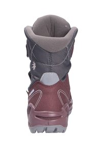 Scarponi da trekking da uomo con una tomaia color bordeaux e grigia, collare imbottito e suola in gomma resistente dotata di battistrada profondo per una buona aderenza.