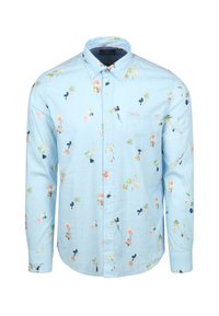 Lichtblauwe langesl shirt met een bloemenpatroon in roze, groen en marineblauw. Bevat een button-down kraag en een borstzak.