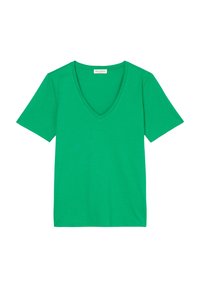 T-shirt verde a maniche corte con scollo a V, realizzato in tessuto morbido, caratterizzato da un colore uniforme senza motivi o dettagli.