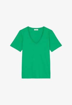 Zelené tričko s krátkým rukávem a výstřihem do V, vyrobené z měkké tkaniny, s jednobarevným designem bez vzorů nebo akcentů.
