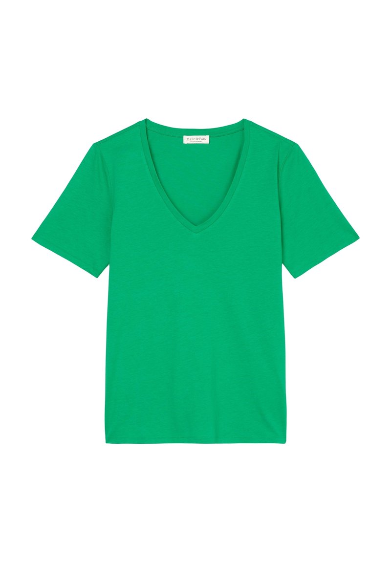 T-shirt verde a maniche corte con scollo a V, realizzato in tessuto morbido, caratterizzato da un colore uniforme senza motivi o dettagli.