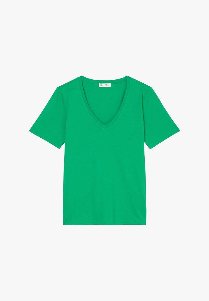 T-shirt verde a maniche corte con scollo a V, realizzato in tessuto morbido, caratterizzato da un colore uniforme senza motivi o dettagli.