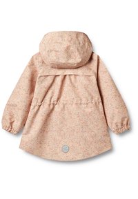Chaqueta de lluvia floral en rosa claro, con puños elásticos, capucha y cintura fruncida. Parche con logo plateado en la parte inferior central.
