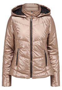 Glanzende beige pufferjack met capuchon, ritssluiting aan de voorkant, drukknoopjes op de kraag en ritszakken aan de zijkanten, ontworpen voor koud weer.